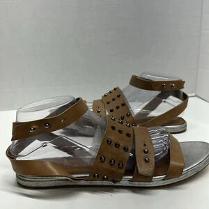 Freda Salvador Jam Strappy Studded Sandal Flat Shoes Tan Brown Leather Size 9.5